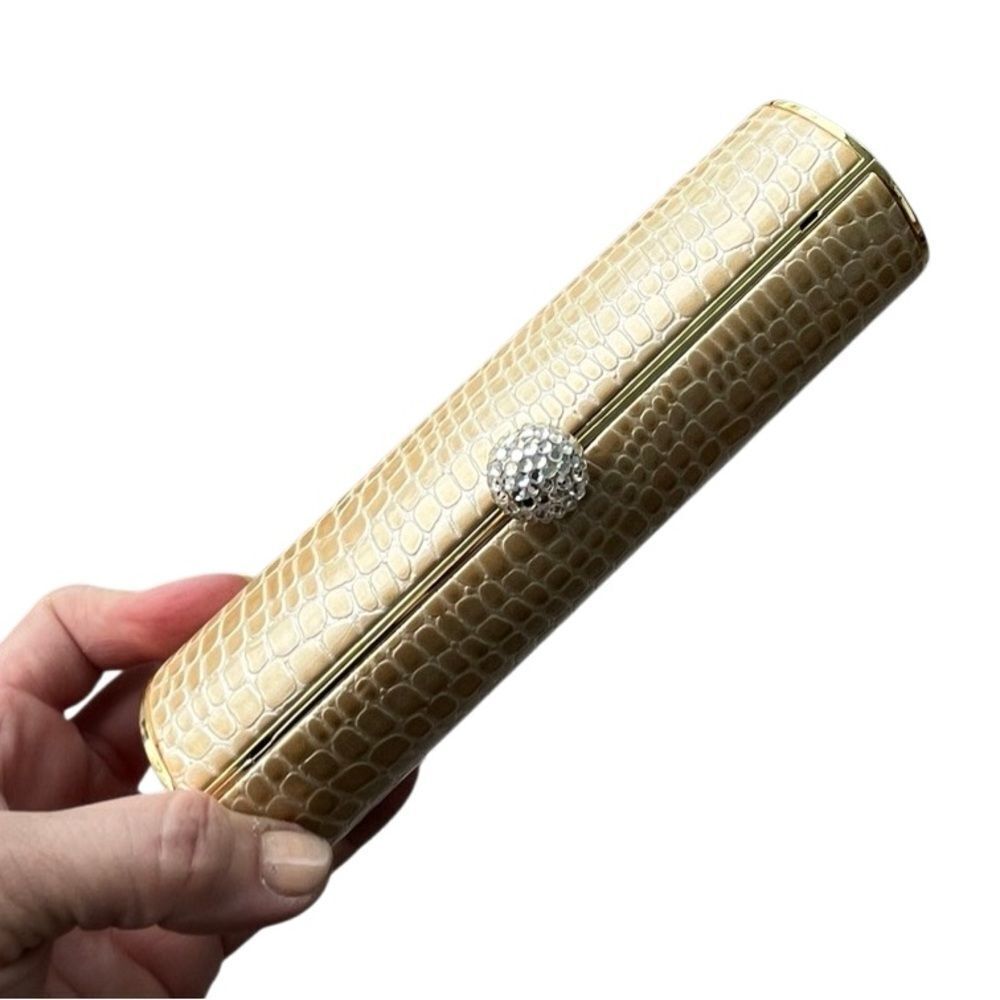 Glam Croc-Embossed Cylinder Clutch – Gold Chain Strap – Champagne Nude